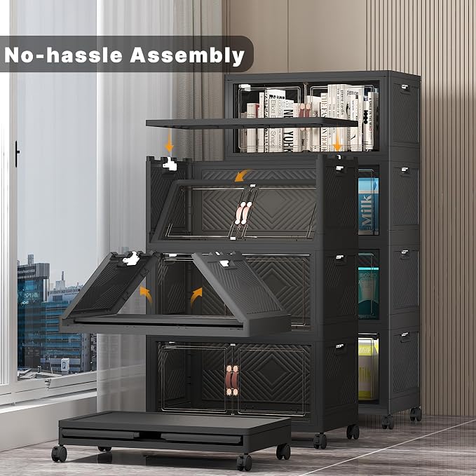 Stackable Storage Bins, 220QT Collapsible Drawers with 1 Lid | Large Capacity, Magnetic Door, Stack Lock, Rolling Wheels, Foldable Design, Organizers and Storage for Bedroom Dorm Garage