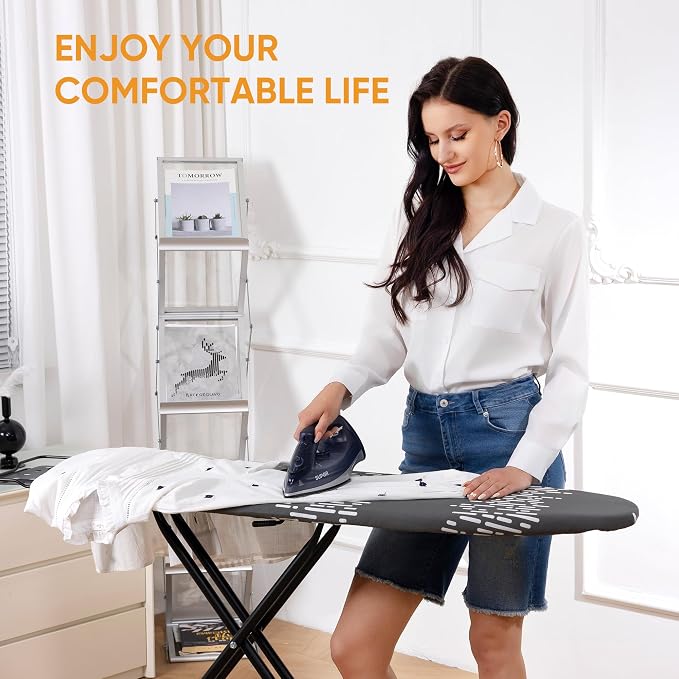 Jakeefud Deluxe Ironing Board with Heat Resistant Cover and Thicken Felt Pad, Safety Iron Rest, 4 Premium Steel Legs, Height Adjustable,Foldable