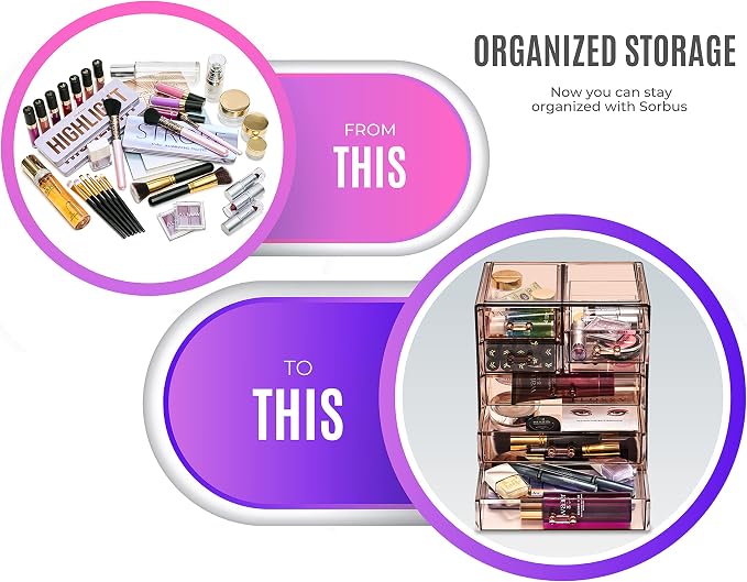 Sorbus Acrylic Makeup Organizer Set, 7-Drawer Vanity & Countertop Cosmetic Storage with Small & Wide Drawers, Bronze Glow Makeup Storage for Brushes, Lipsticks, Jewelry, Holiday Gift for Women & Teens