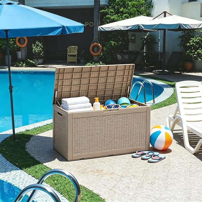 100 Gal Outdoor Storage Box Waterproof Lockable,Deck Box,Gas Lift,Grey | Waterproof Resin Deck Box, Lockable Gas Lift Outdoor Storage for Patio Cushions, Garden Tools, Pool Supplies