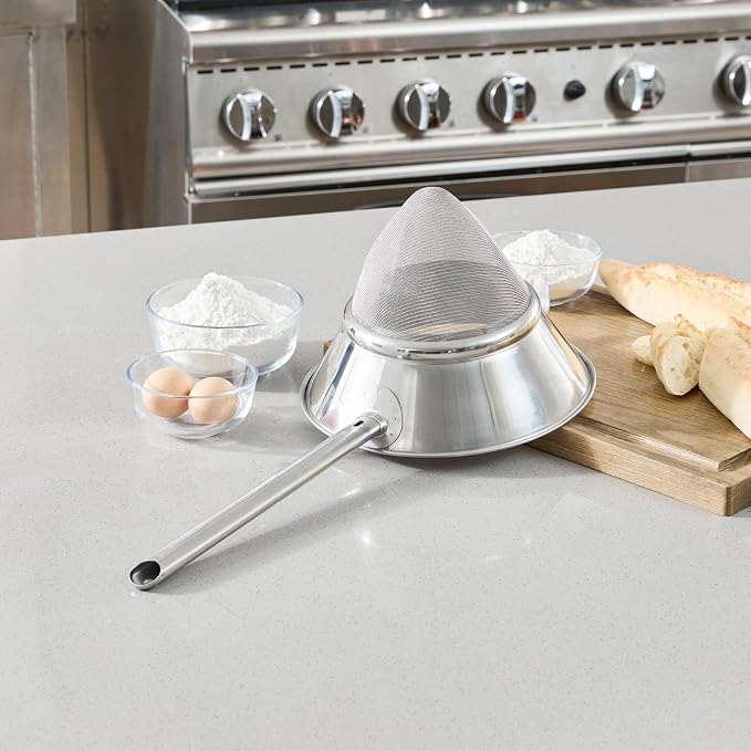 Restaurantware Chinois Strainer 1 Count 10.2" Stainless Steel Bouillon Cone with Extra Fine Mesh China Cap Strainer for Sauces, Stocks, Soups, Broths, Sifting, Sieving, Professional Kitchen Tools