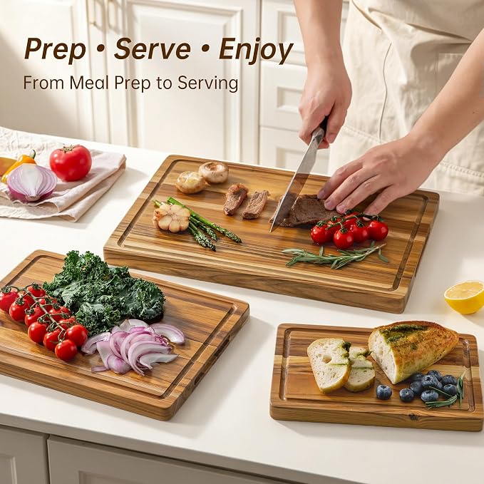 Teak Wood Cutting Board Set of 3 Wooden Cutting Boards for Kitchen | Premium Teak Wood • FSC Certified • Deep Juice Groove • Built-In Handles • Non-Slip Feet • 3 Practical Sizes • Gift-Ready Box