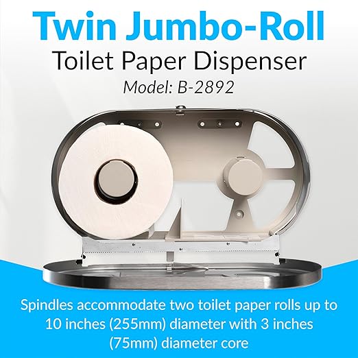 Bobrick B-2892 Surface-Mounted Twin Jumbo-Roll Toilet Paper Dispenser, Double Roll Toilet Paper Holder