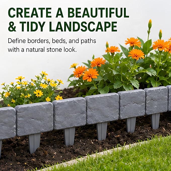 Imitation Stone Garden Fence No Dig Landscape Edging Faux Stone Garden Border Plastic Pound in Edging for Landscaping Flower Beds Yard Decorative Artificial Rock Edgers Bricks (10, Grey)