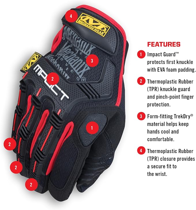 Mechanix Wear M-Pact Impact Resistant Work Gloves - Durable Safety Gloves for Men - Touchscreen Capable - Machine Washable - Breathable - Large - Red/Black