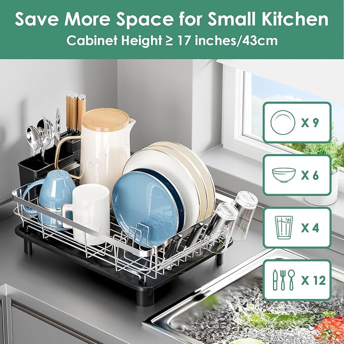 MOUKABAL Stainless Steel Dish Drying Rack for Kitchen Counter, Black Silver | 13×17 Large Capacity/Drainboard with Rotating Spout/Removable Cup & Utensil Holders/Fast Drainage/Countertop Dish Drainer