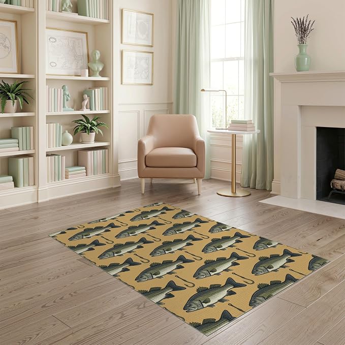 4'x6' Washable Area Rug Bass Lure Hook Motif Tackle Border Angler Lake Vintage Fish Fishing Refined for Dorm Room, Small Living Apartment, Stain Resistant Low Profile