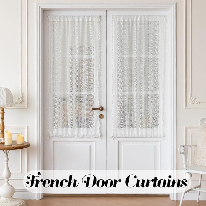 Sutuo Home White French Door Curtains 72 Inches Long for Front Door Glass & Sidelights, Cream Semi Sheer Bohemian Tassels Vintage Privacy Drapes Window Household Decoration, Rod Pocket 2 Panels 25" W