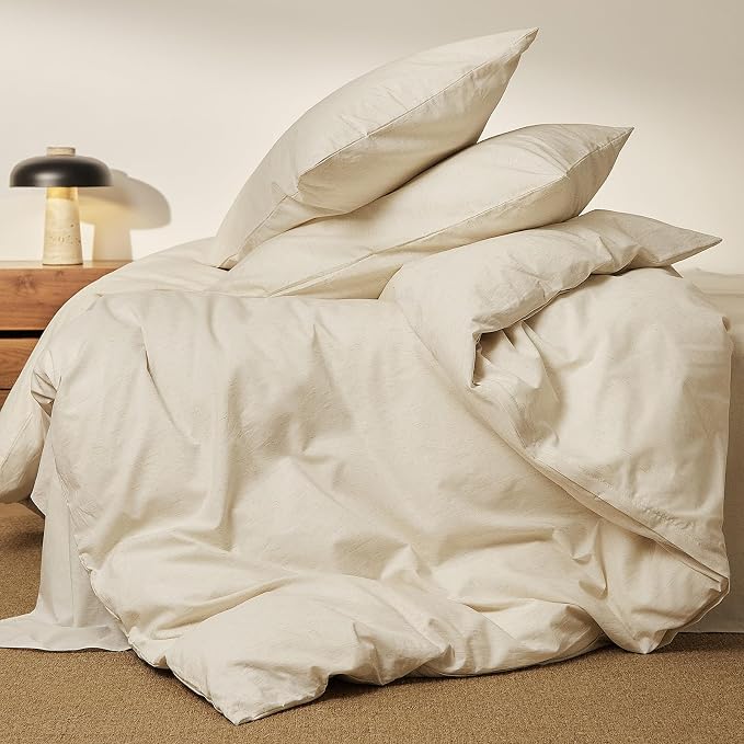 mixinni 3 Piece Washed Cotton Linen Blend Duvet Cover Set King Size, Soft Breathable Farmhouse Beige Neutral Solid Duvet Cover with Natural Linen Texture, 104x90 inches with 2 Pillowcases