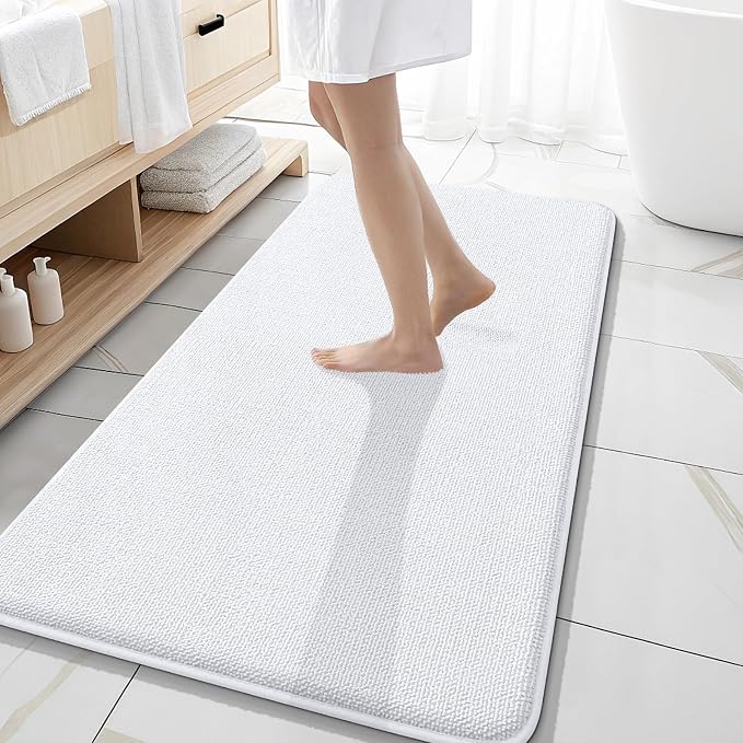 OLANLY Memory Foam Bathroom Runner Rugs 47x20, Absorbent Long Mat, White | Soft Quick Dry Bath Mat Rugs, Non-Slip, Machine Washable Mat for Bathroom Floor, Tub and Shower, Home Decor Accessories