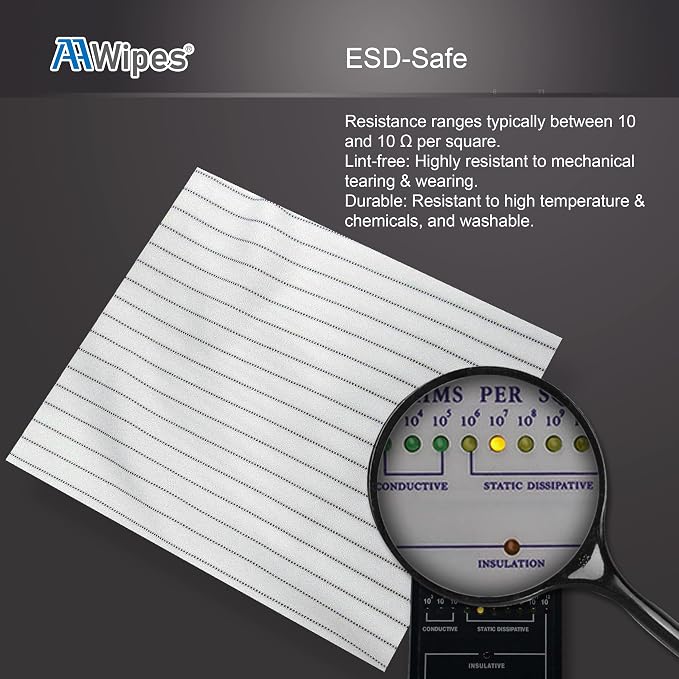 AAWipes Anti-Static Electrostatic Discharge (ESD) Wipes (12"x12",100pcs, Polyester Wiper Cloths with Conductive Yarn) ESD-Safer Cleanroom Wipers Lint Free Class 100 ISO5 (CE16012)