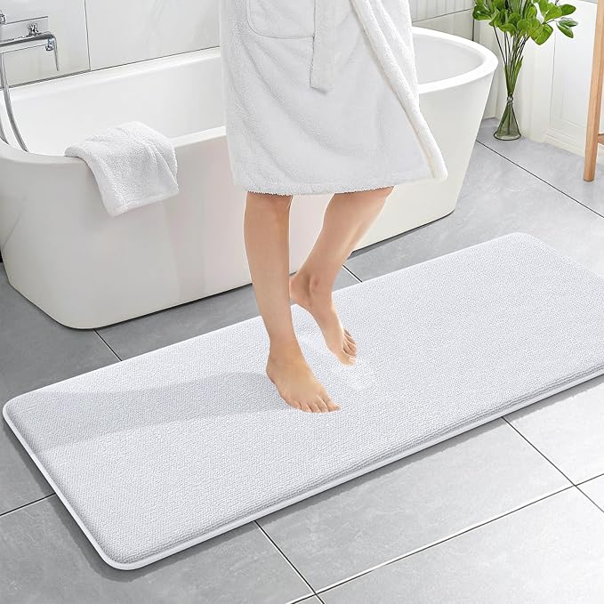 OLANLY Memory Foam Bathroom Runner Rugs 59x20, Absorbent Long Mat, White | Soft Quick Dry Bath Mat Rugs, Non-Slip, Machine Washable Mat for Bathroom Floor, Tub and Shower, Home Decor Accessories