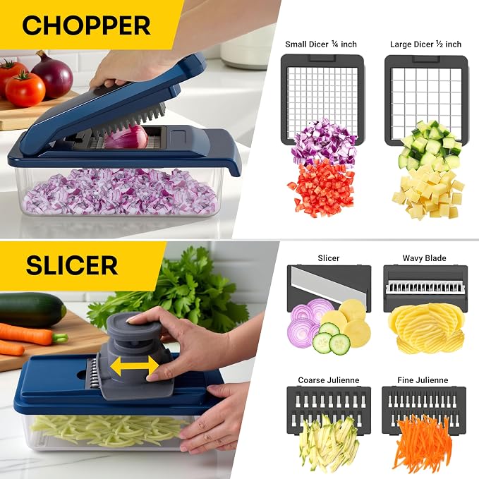 UltraChop All-In-1, 12 Blade Heavy Duty Vegetable Chopper, Food Chopper Container, Spiralizer, Mandoline Slicer Onion Mincer, French Fry And Salad Cutter, Home Essentials & Kitchen Gadgets, Blue