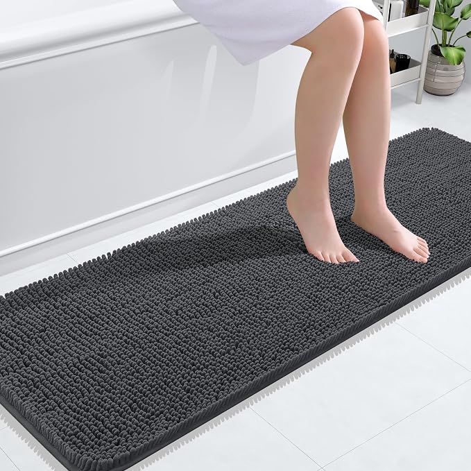 OLANLY Bathroom Runner Rugs 59x20, Soft Absorbent Chenille Bath Rugs, Rubber Backing Quick Dry, Machine Washable Long Bath Mats for Bathroom Floor, Tub and Shower, Home Decor Accessories, Dark Grey