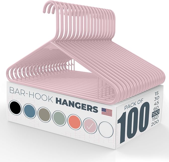 Plastic Hangers 100 Pack – Made in The USA – 6lb Capacity Standard Clothes Hangers with Strap Hooks for Dresses, Lingerie, Shirts, Pants, and Jackets – Pink