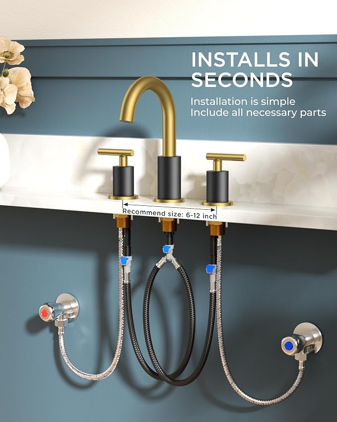 FORIOUS Black and Gold Bathroom Faucet 3 Hole with Pop Up Drain and 24 in Supply Line, 2 Handle Modern Bathroom Vanity Faucet Widespread 8 inch with 360 Degree Swivel Gooseneck, for 6" to 12" Basin