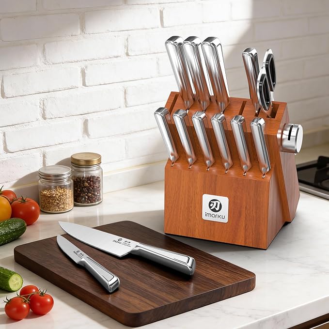 imarku High Carbon Stainless Steel Gyutou Knife Set with Block, Precision-Forged Razor Sharp 10–15° Edge, Ergonomic Non-Slip Handle, Built-in Sharpener, Brown, Best Gift Choice, Cooking Enthusiasts