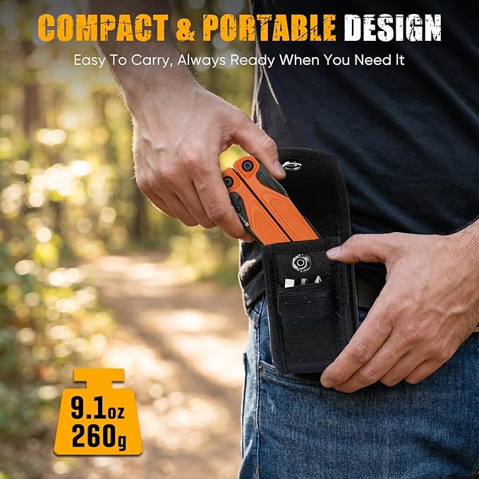 BIBURY Lightweight G10 Handle Multitool Pliers, 25-in-1 EDC Multi Tool with Replaceable Wire Cutters, Scissors, One-Hand Opening Pocket Knife Survival Tools for Camping, Repair,Survival -BI2048O