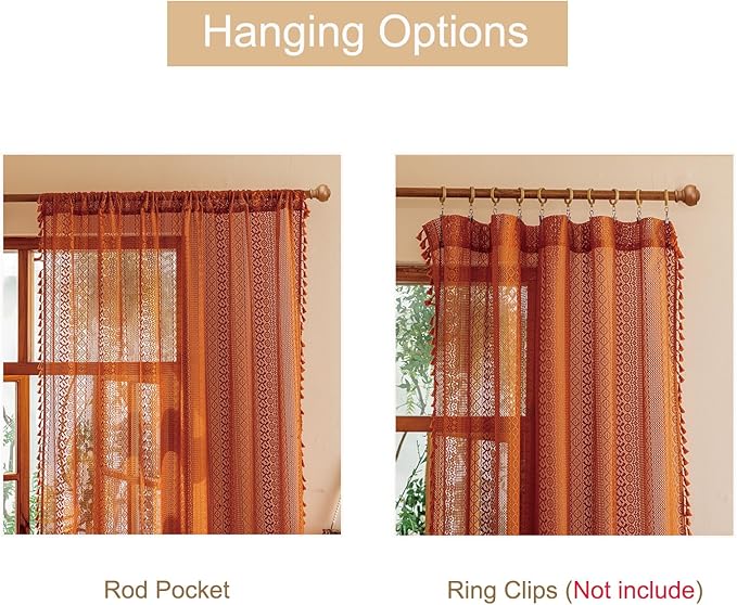 Sutuo Home Sheer Lace Boho Curtains 2 Panels for Living Room Home Office, Burnt Orange Window Curtains Farmhouse Privacy Vintage Chic Tassels Rustic Halloween Decor Rod Pocket, 50" x 102" Terracotta