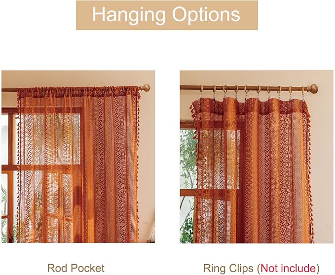 Sutuo Home Boho Lace Curtains 2 Panels for Living Room Bedroom, Orange Semi Sheer Curtains Privacy Vintage Chic Tassels Bohemian Style French Country Rod Pocket Halloween Decor, 50" x 90" Terracotta