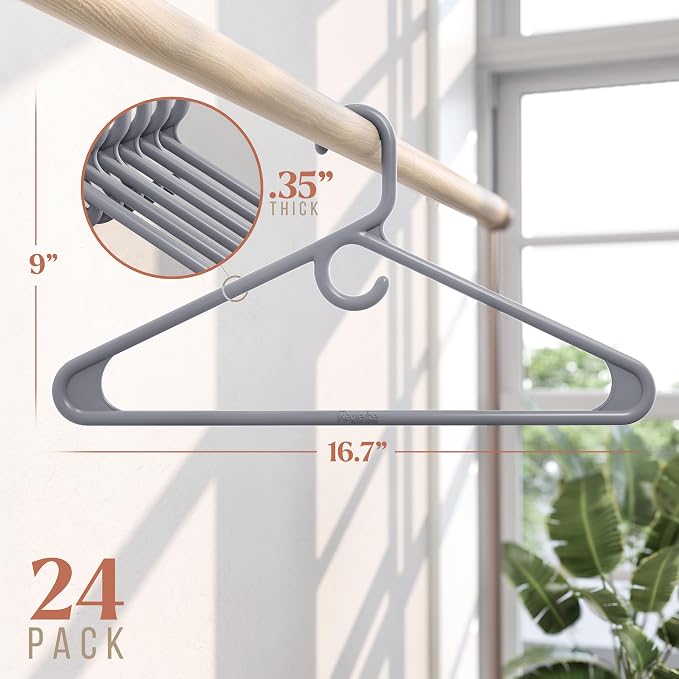 NEATERIZE Thick Heavy Duty Hangers - Grey Plastic Clothes Hangers 24 Pack - Great for Coat Hanger, Jackets Jeans & Suit Hanger for Closet - New Apartment Essentials Percheros Ganchos para Colgar Ropa