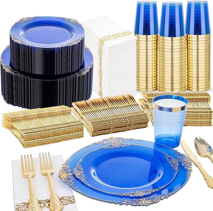 Nervure 350PCS Blue Plastic Plates - Blue Plastic Dinnerware Sets for 50 Guests - 100 Disposable Plates, 150 Gold Silverware, 50 Cups, 50 Napkins for Wedding & Party