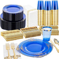 Nervure 350PCS Blue Plastic Plates - Blue Plastic Dinnerware Sets for 50 Guests - 100 Disposable Plates, 150 Gold Silverware, 50 Cups, 50 Napkins for Wedding & Party