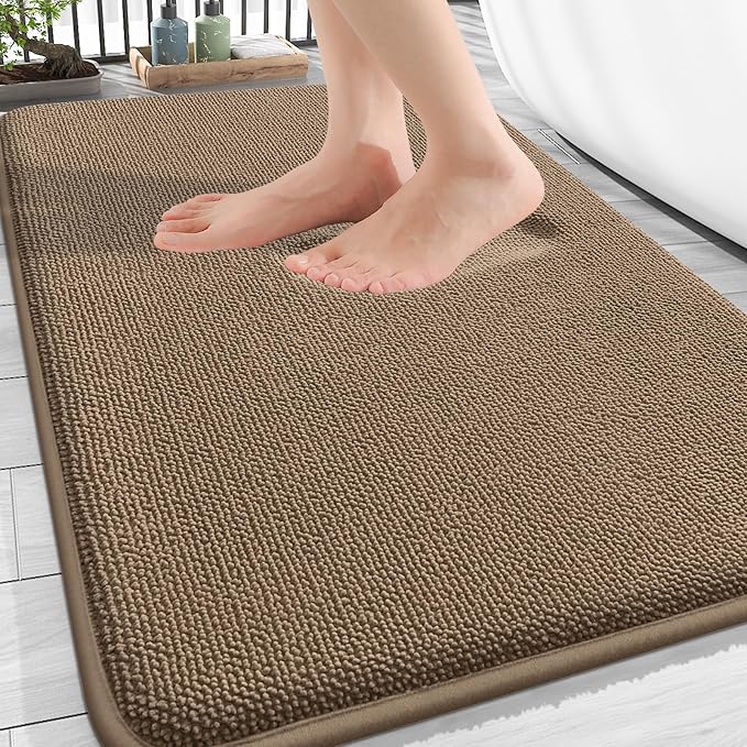 OLANLY Thick Memory Foam Bathroom Rugs 30x20, Soft Absorbent Bath Mat, Tan | Quick Dry Bath Mat Rugs, Non-Slip Mats, Machine Washable Carpet for Bathroom Floor, Tub and Shower, Home Decor Accessories