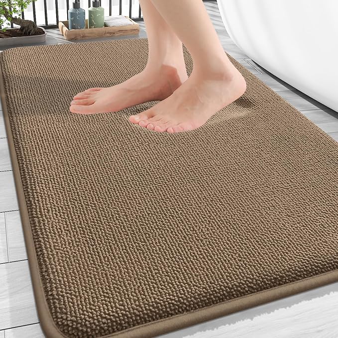OLANLY Thick Memory Foam Bathroom Rugs 34x21, Soft Absorbent Bath Mat, Tan | Quick Dry Bath Mat Rugs, Non-Slip Mats, Machine Washable Carpet for Bathroom Floor, Tub and Shower, Home Decor Accessories