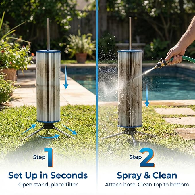 CYCLONE FILTER CLEANER Essential Plus – Patented Spinning Cartridge Filter Cleaner with Tripod Stand & Premium Brass Jet Nozzle with Shut-Off Valve – Fits 3”, 4”, 6” ID