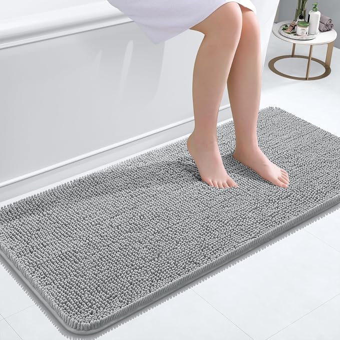 OLANLY Bathroom Runner Rugs 47x20, Soft Absorbent Chenille Bath Rugs, Rubber Backing Quick Dry, Machine Washable Long Bath Mats for Bathroom Floor, Tub and Shower, Home Decor Accessories, Light Grey