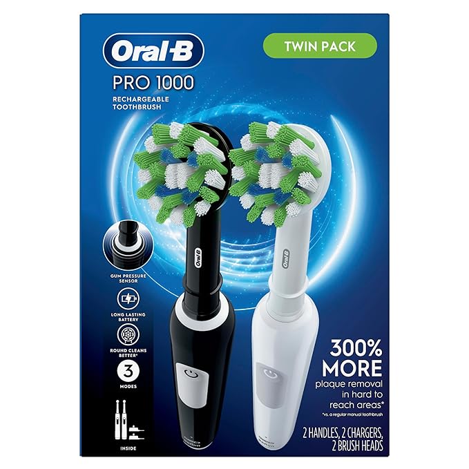 Oral-B Pro 1000 CrossAction Electric Toothbrush, Black and White, 2 Count (Pack of 3)