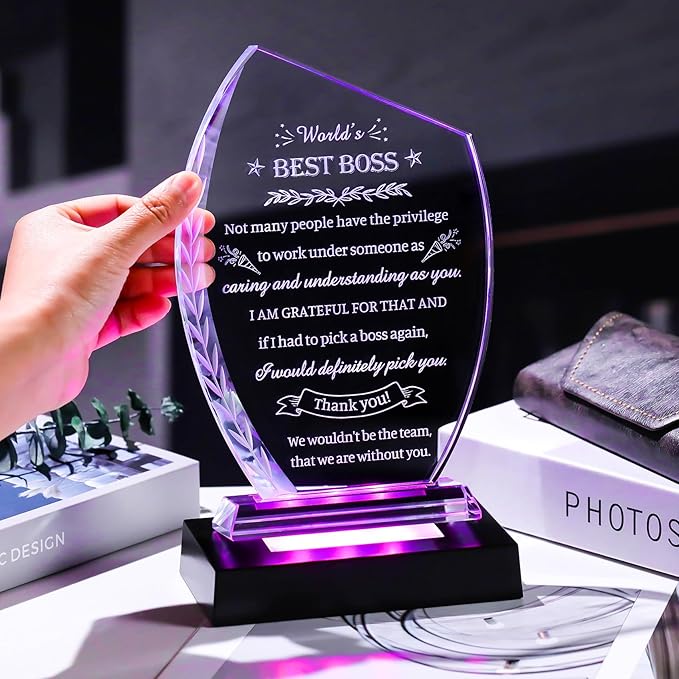 Movdyka Boss Gifts for Women Men Bosses Appreciation Gifts for Woman, Crystal Plaque with Colorful Light Base, Boss's Day Gifts Farewell Retirement Goodbye Birthday Office Decor