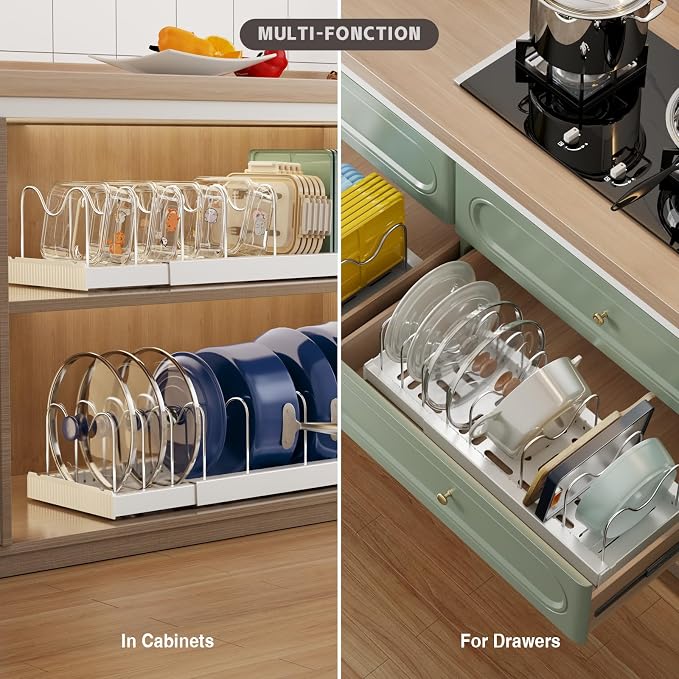 Magheo Expandable Food Storage Container Lid Organizers, 22" Pots and Pans Organizer Under Cabinet with 9 Adjustable Dividers Pot and Pan Lid Holders Rack Inside Cabinet(White,1 Pack)