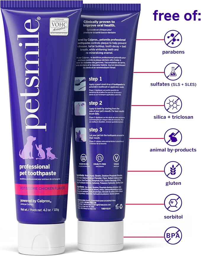 Petsmile Teeth Brushing Kit, Toothpaste + Brush, Rotisserie Chicken 4.2 Oz | Pet Toothpaste + 45° Patented Toothbrush, VOHC Accepted, Calprox® Powered, 6-Month Supply, Human-Grade, Clinically Proven