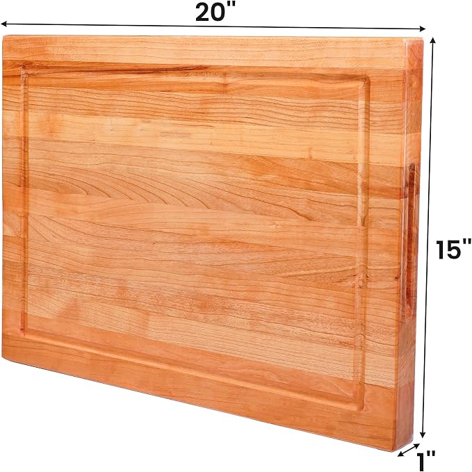 Solid Cherry Wood Cutting Board for Kitchen, USA Grown Hardwood, 20 x 15, with Invisible Inner Handle, Prefinished with Food-Grade Oil, Suitable for Kitchen Edge Grain, 1" Thick