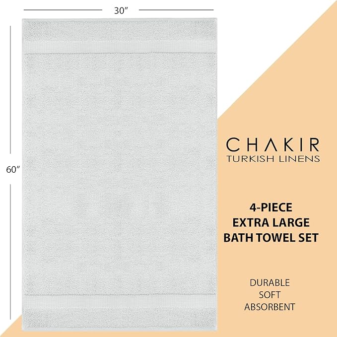 Chakir Turkish Linens 4 Piece Extra Large Bath Towels, 100% Cotton Luxury Turkish Towels for Bathroom, Soft Absorbent Bath Towels, 30 x 60 Inches, Silver Gray