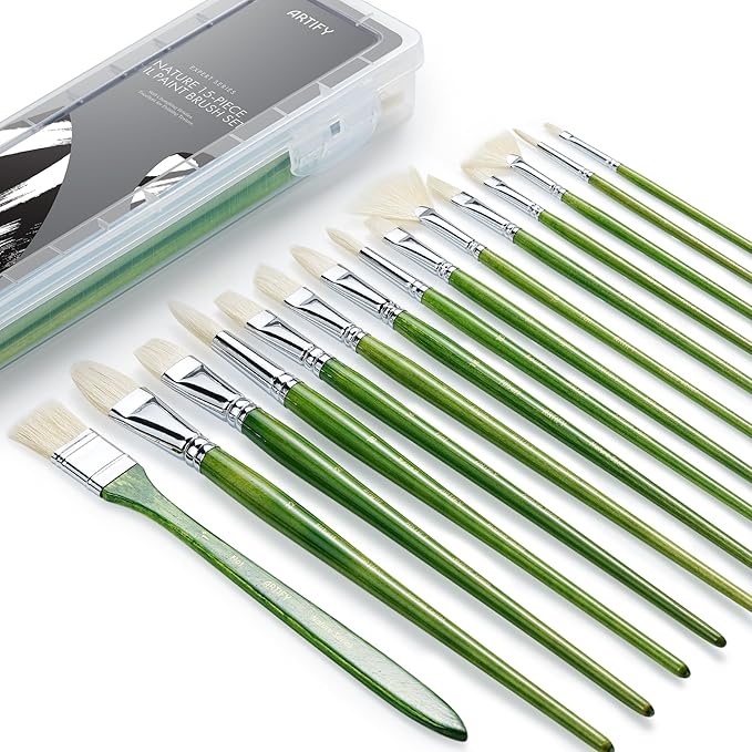 ARTIFY 15-Piece Professional Oil Paint Brush Set - Natural Hog Bristle, No-Shedding, Handcrafted by Masters for Oil/Acrylic/Gouache/Watercolor Painting (Includes Carrying Case)