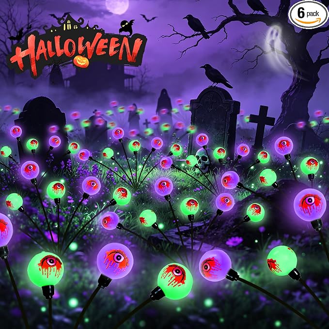 OZS 6 Pack 36 LED Solar Eyeball Lights for Outdoor Halloween Decorations | Purple & Green Solar Halloween Lights, Bleeding Eyes, Swaying by Wind, IP65 Waterproof, 2 Modes for Pathway Garden Yard Decor