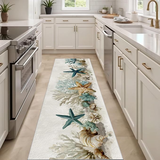 Starfish Coral Washable Runner Rug 2.6x7 - Ocean Seaside Entryway Rug, Ultra-Thin Kitchen Rugs, Marine Life Anti Slip Runner Rugs for Entrance Laundry Room Corridor Bedroom