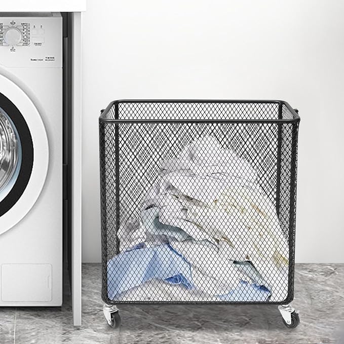 Laundry Hamper with Wheels, Rolling Laundry Basket Cart, Rectangular Metal Mesh Clothes Hamper with Metal Pull Handle for Laundry Room and Bedroom(Black, 16.9" x 9" x 17.7")