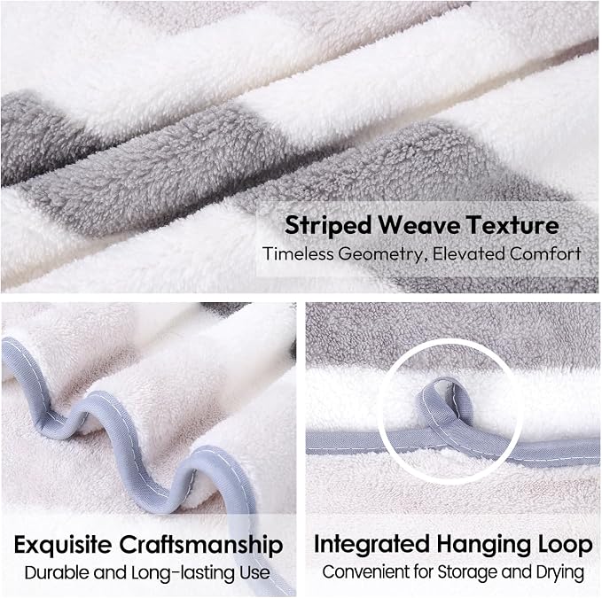 JML Microfiber Bath Towels, 30" x 60", Cabana Stripe Grey, Set of 2 | Hanging Loop,Large, Soft, Super Absorbent, Fast Drying, Perfect for Hair Wrap, Sport, Fitness, Yoga