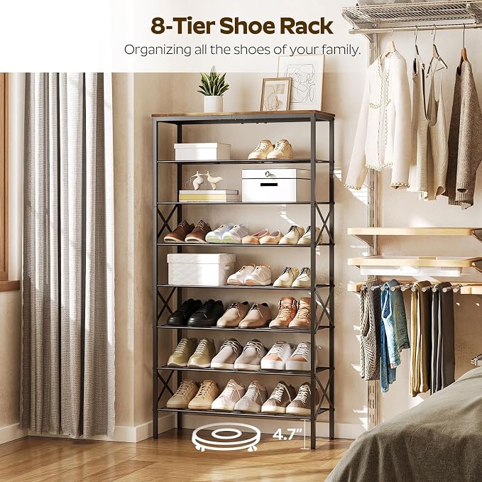 YATINEY 8 Tier Shoe Rack, Shoe Storage Organizer, Large Capacity Shoe Shelf Holds 32 Pairs of Shoes, Sturdy and Stable, for Entryway, Hallway, Closet, Dorm Room, Rustic Brown SS08BR