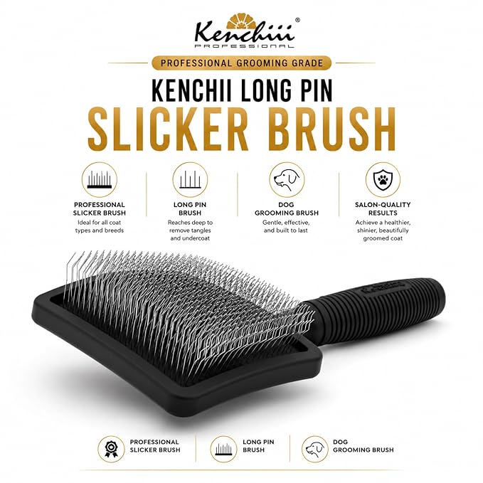 Kenchii Long Pin Slicker Brush for Dogs (Poodles, Doodles, Goldendoodles, Labradoodles), Professional Grooming Brush for Detangling, Fluffing & Dematting, Non-Slip Comfort Handle (Black)