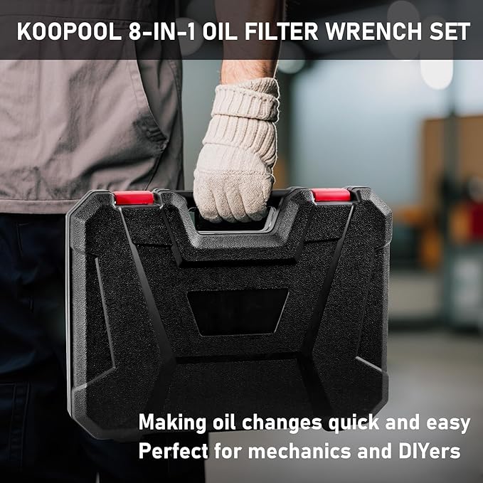 KOOPOOL Oil Filter Wrench Set, 8 Piece Adjustable Oil Filter Pliers 2-3/4" to 5-1/4", 9" & 12" Universal Oil Filter Removal Tool with 1/2" to 3/8" Adapter, Organized in Storage Case (8-Piece Set)