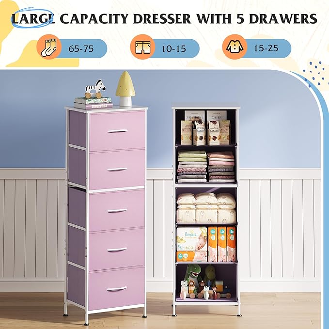 WLIVE Fabric Dresser for Bedroom, 5-Drawer Tall Dressers, Storage Organizer with Fabric Bins, Wood Top, Sturdy Steel Frame, Chest of Drawers for Closet, Hallway, Cloudy Pink