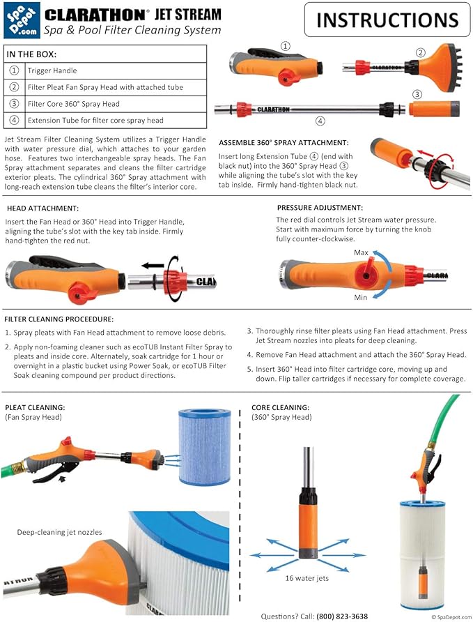 Clarathon Jet Stream Spa & Pool Filter Cleaner Dual Tool Set with Fan Spray Head for Outer Pleats + Long-Reach 360° Cartridge Core Cleaning Wand