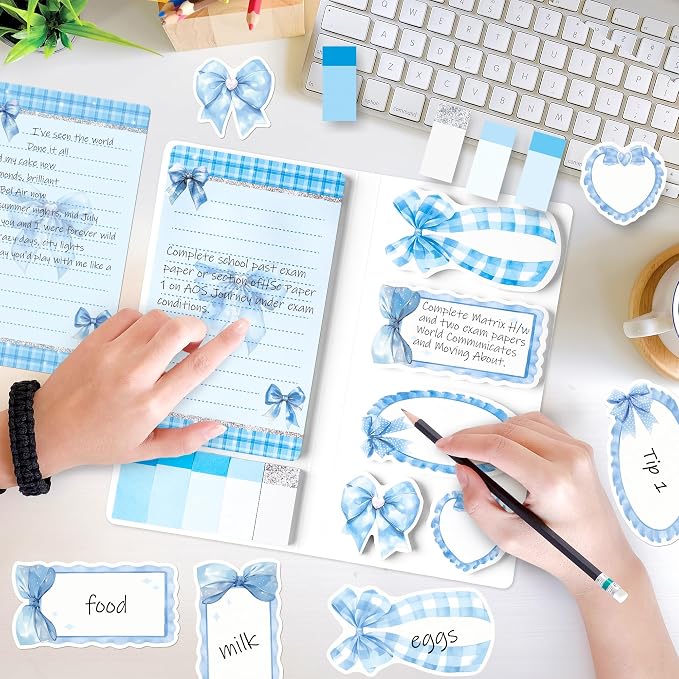 Xqumoi 2 Pack Coquette Blue Bow Sticky Notes for School Office Supply | Blue Bow Sticky Notes Set, Notepads Writing Memo Pad, Page Marker Bookmarker, Preppy Girly Gift, Back to School Office Supply