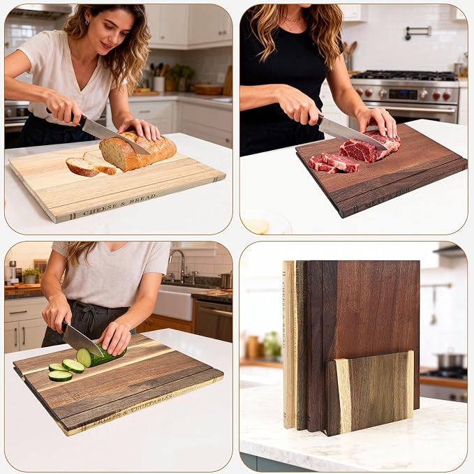 Acacia Wood Cutting Board Book Set, 3-Piece Decorative Chopping Boards with Stand | Book-Shaped Design| Dishwasher Safe for Easy Cleaning | Ideal for Meat, Vegetables | Unique Gift for Home Cooks