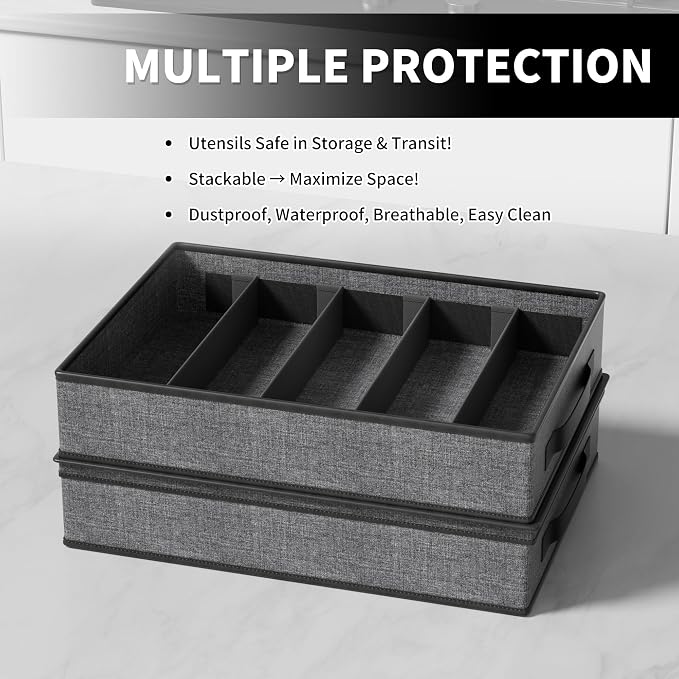 2-Pack Flatware Storage Box, Silverware Organizer with Clear Lid, Grey | Utensil Storage Case with Adjustable Dividers, Quilted, Stackable, Dual Zippers, Reinforced Handles for Moving and Storage